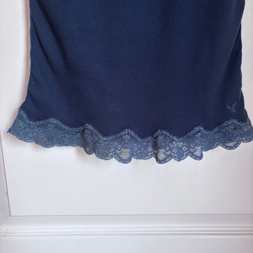 American Eagle Vintage Y2K Navy Blue Ribbed Lace Trim Cami Tank Top Small - Picture 3 of 6